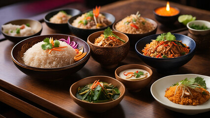 Showcase the rich textures and vibrant colors of your favorite Rice Thai dishes elegantly arranged on a wooden table