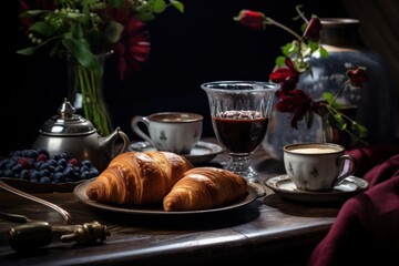 Wall Mural -  a close up of a plate of food on a table with a glass of wine and a plate of food on the side.