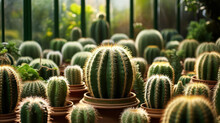 Verdant Collection Of Spherical Cacti, A Symbol Of Resilience And Adaptation, In A Serene Desert Greenhouse Environment