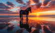 Majestic horse stands serenely on the reflective waters at sunset, with vibrant skies mirroring on the beach creating a serene and tranquil scene