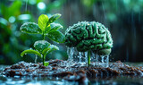 Fototapeta  - Conceptual image of a brain as a growing plant being watered, symbolizing mental growth and personal development