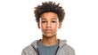 a closeup photo portrait of a beautiful young black african afro american model teen boy looking forward isolated on white background