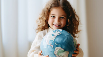 Cute small girl hugs model of the Earth. Environment protection. Earth ecology concept. Light background. Generative AI