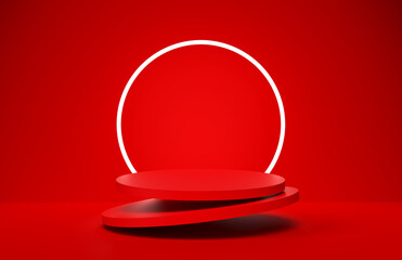 Aufkleber - Levitating red colored round podiums or pedestals with circular neon light on the background.