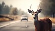 deer on the road care caution accident. Created with AI.