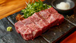 Sliced wagyu marbled beef for yakiniku on plate on black background, Premium Japanese meat. AI Generative