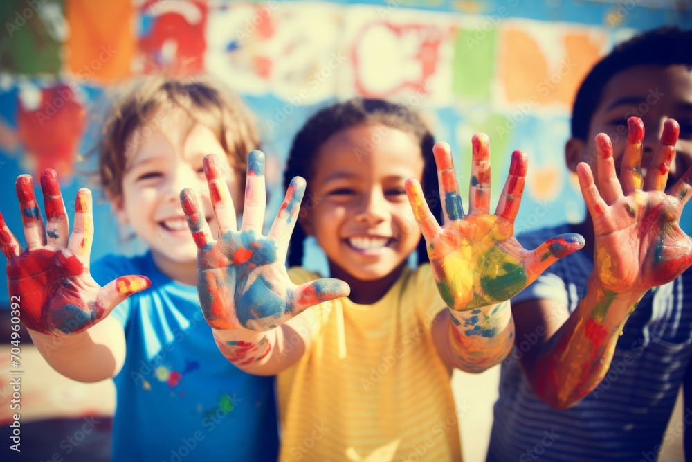 Happy diverse children raising painted hands kindergarten child kids ...