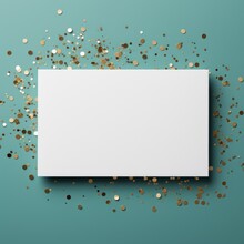 Empty White Greeting Card Over Scattered Golden Sequins, Stars And Confetti Isolated On Teal Blue Background With Blank Space. Mockup Template. Flat Lay, Top View With Place For Text