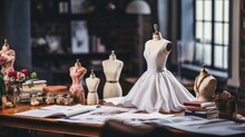 Image Of Fashion Designer Haute Couture Table And Various Sketches On Paper With White Dress On Miniature Mannequin