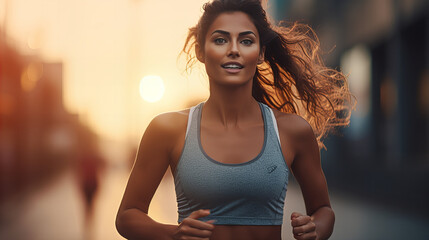 Young woman jogging at sunrise,  fit young woman running outdoors at sunrise, wearing a sports bra and looking determined