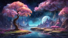In This Mesmerizing Watercolor Painting, A Regal Futuristic Digital Garden Comes To Life With Vibrant Colors And Intricate Details. The Main Subject Of The Image Is A Magnificent Blooming Tree