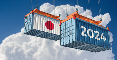 Wall Mural - Trading 2024. Freight container with Japan national flag. 3D Rendering 