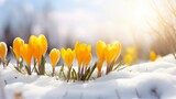 Fototapeta  - Beautiful primroses of yellow Crocuses bloom on a background of white snow on a sunny spring day. Spring background with copy space.