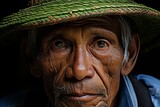 Fototapeta  - elderly asian man with a melancholic expression, wearing traditional attire, set against a garden backdrop.