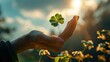 A lucky four-leaf clover leaf levitates in air above the hand. Catch your luck, be lucky