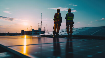 Two workers installing solar panels on roof. 