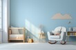 Modern baby room interior with crib and rocking chair sky blue wall