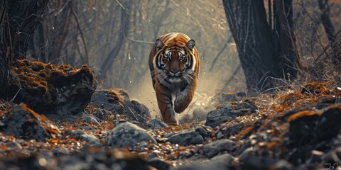 Wall Mural - a tiger running through the forest with trees behind it, in the style of photorealistic portraits, intense action scenes, dusty piles, aerial photography