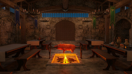 Poster - Hog roasting over an open fire in a medieval Viking dinner hall. 3D rendering..