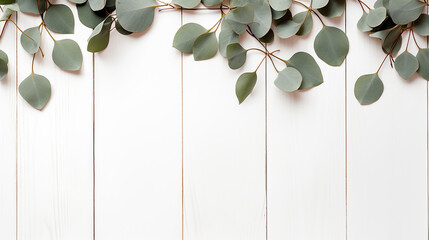 Wall Mural - eucalyptus branches and leaves on wooden rustic white background