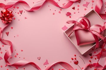 Wall Mural - Happy valentine's day text  template design. Top view photo of valentine's day decorations heart shaped giftbox with red ribbon bow on isolated pastel pink background with copyspace