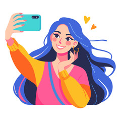 Sticker - Woman taking a selfie vector art illustration, girl take a selfie