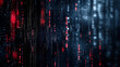 
Pixelated data stream on digital interface. Binary code and encryption concept with glowing red and blue dots