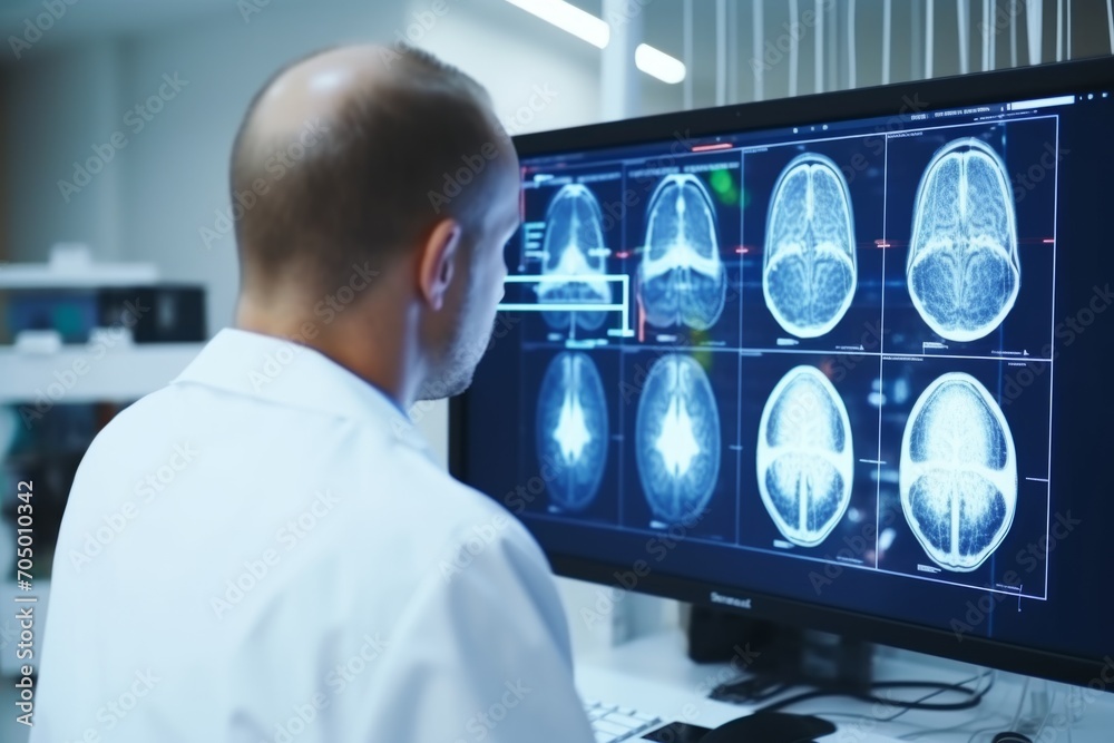 Doctor analyzing patients MRI brain scan computer tomography medical photo x-ray scanner science neurons neurology laboratory image cancer cure health healthcare medicine oncology disease analysis