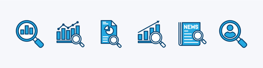 Wall Mural - Data analytics icon set. Data analysis research icon symbol. Analysis of data, business, markets, information news, consumer. Vector illustration