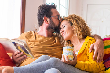 happy beautiful caucasian couple at home enjoy morning leisure activity in relax together - love and