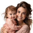Happy young mother with hugging cute baby, smiling as baby mother holding girl baby with love and care  in studio, isolated on transparent background Generative AI	
