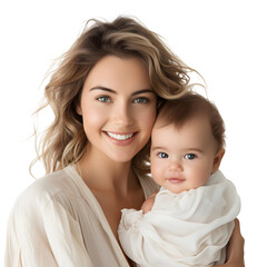 Happy young mother with hugging cute baby, smiling as baby mother holding girl baby with love and care  in studio, isolated on transparent background Generative AI	
