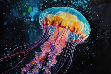 Watercolor animal jellyfish with colorful splashes on black background. Generative AI