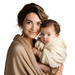 Happy young mother with hugging cute baby, smiling as mother holding her baby with love and care in studio, isolated on transparent background Generative AI	
