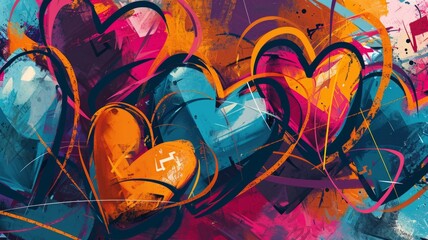 Wall Mural - vibrant graffiti style hearts overlapped with freestyle lines and shines. generative ai