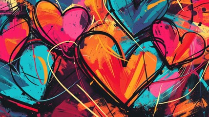 Wall Mural - vibrant graffiti style hearts overlapped with freestyle lines and shines. generative ai