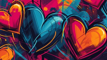 Wall Mural - Vibrant graffiti style hearts overlapped with freestyle lines and shines. Generative AI