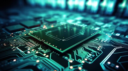 Poster - A macro shot of an integrated circuit board with vibrant green glowing lines, showcasing the beauty of electronic design.
