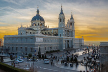 Madrid, Spain 28-12-2022 The Almudena Cathedral During A Colorful Sunset, It Is The Most Important  And Catholic Religious Building In Madrid And A Visit Is Free Of Charge Except For The Crypt  