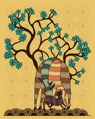 Sticker - Gond Art: Deer and Fawn with Beautiful Tree, Modern Abstract Wall Decor. Gond Art, Deer and Fawn, Beautiful Tree, Modern Abstract Art, Wall Decor.