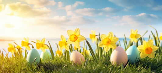 Wall Mural - Easter eggs on green grass with yellow daffodils on a sunny spring day