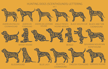 Wall Mural - Dog breeds silhouettes with lettering, simple style clipart. Hunting dogs, scenthounds, hounds collection