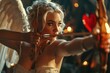 Sensual Cupid's Charm: A beautiful blonde woman embodies Cupid, holding a bow and shooting a love arrow, evoking passion, desire, and seduction on Valentine's Day.

