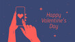 Valentine's day composition drawing female hands holding phone with heart image