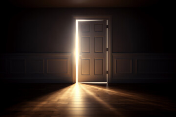 Poster - Door in dark room with glowing light coming out