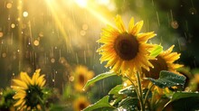 Sunflower Being Rained On With Sun Behind It