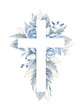 Christian cross with blue flowers and leaves. Easter catholic religious symbol. Vector illustration for Epiphany, Christening, baptism, cards, invitations.
