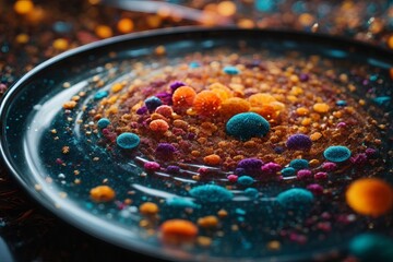 Poster - Close-up of multicolored microorganisms, fungi, bacteria and viruses in a petri dish in the laboratory. Pharmaceutical development of antibiotics, treatment of diseases with drugs of the concept.
