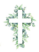 Christianity Cross Of Green Eucalyptus Leaves. Easter Religious Symbol. Vector Illustration For Epiphany, Christening, Baptism, Church And Holidays.