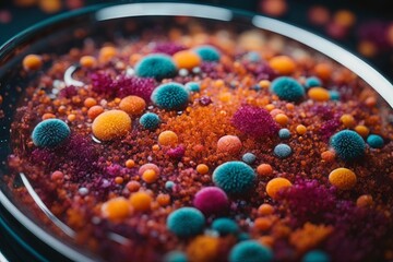 Poster - Close-up of multicolored microorganisms, bacteria and viruses in a petri dish in the laboratory.